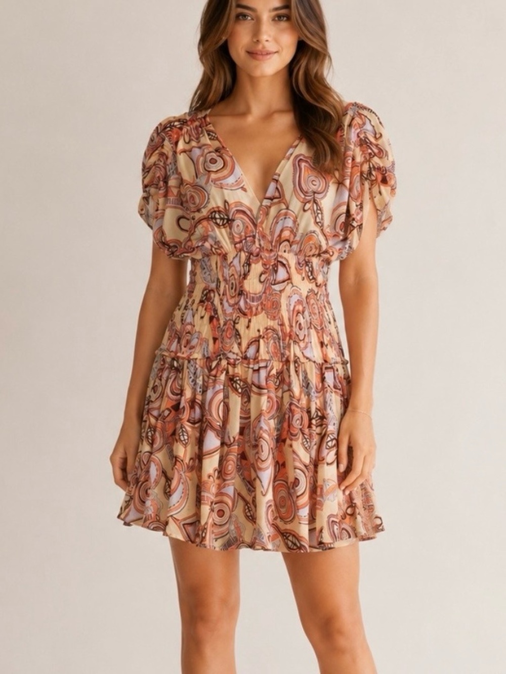 A.L.C. Luna Smocked Cotton Mini Dress A-Line V-Neck Nude Peach Cocktail Size 6